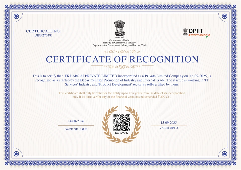 DPIIT Certificate of Recognition for TK Labs AI, No. DIPP277481